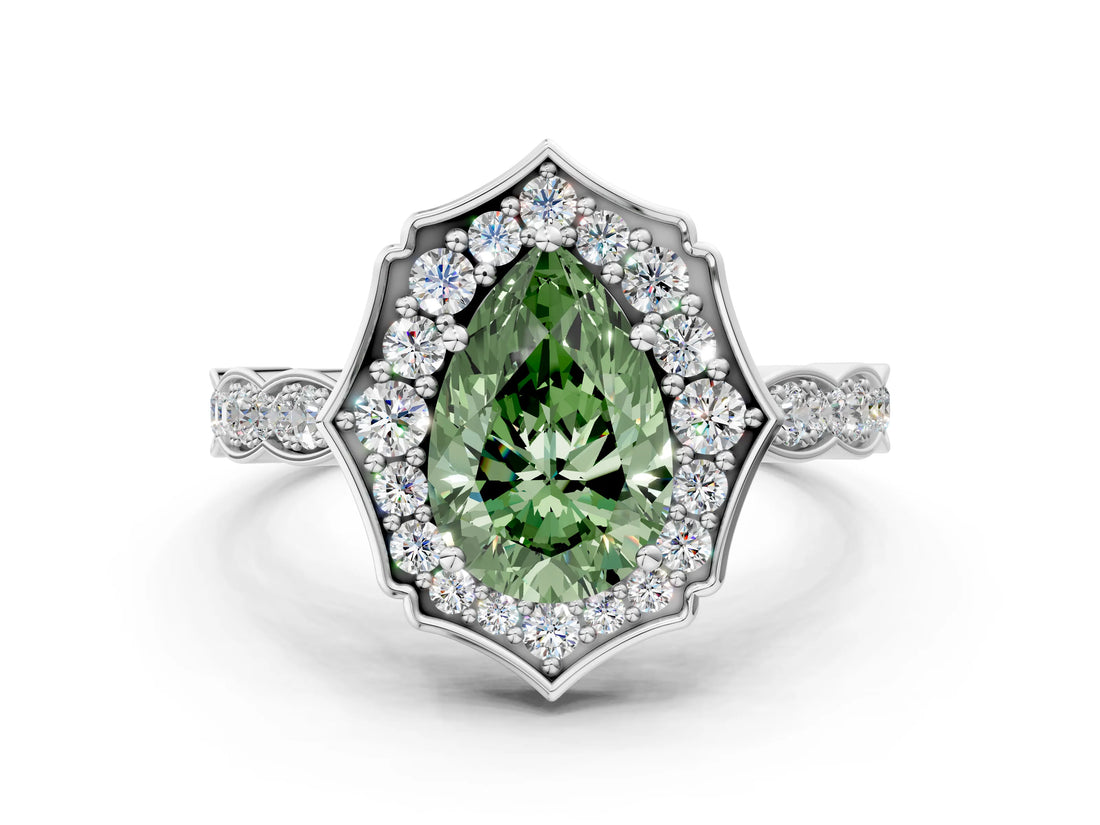 White gold Fancy Green Pear  Halo Diamond Engagement Ring with Milgrain Band and Four-Prong Setting_83