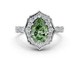White gold Fancy Green Pear  Halo Diamond Engagement Ring with Milgrain Band and Four-Prong Setting_85
