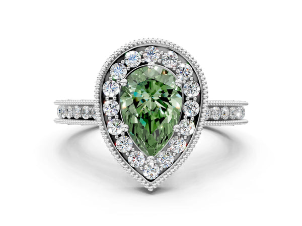 Platinum Fancy Green Pear  Halo Diamond Engagement Ring with Milgrain Pave Band and Four-Prong Setting