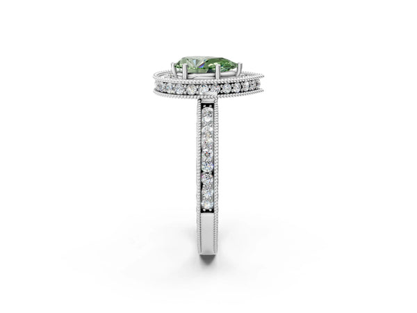 Platinum Fancy Green Pear  Halo Diamond Engagement Ring with Milgrain Pave Band and Four-Prong Setting
