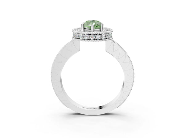Platinum Fancy Green Pear  Halo Diamond Engagement Ring with Milgrain Pave Band and Four-Prong Setting