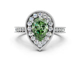 White gold Fancy Green Pear  Halo Diamond Engagement Ring with Milgrain Pave Band and Four-Prong Setting_81