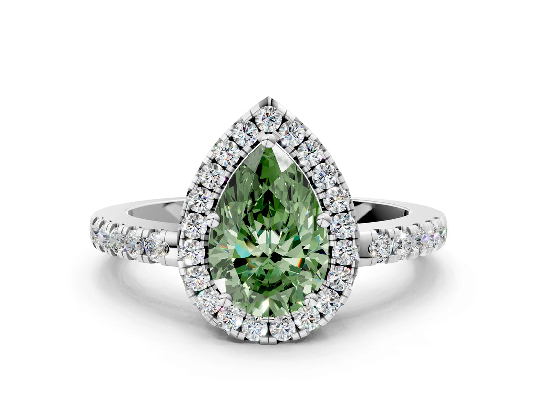 White gold Fancy Green Pear  Halo Diamond Engagement Ring with Pavé Band and Four-Prong Setting_153