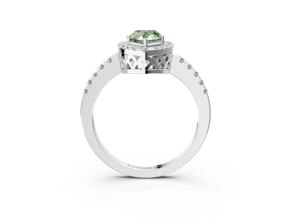 Platinum Fancy Green Pear  Halo Diamond Engagement Ring with Pavé Band and Four-Prong Setting