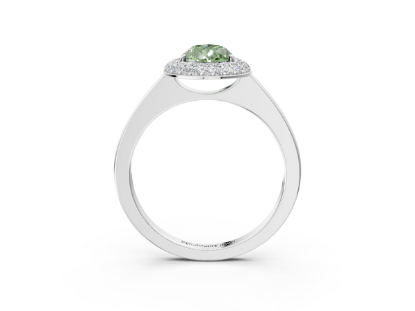 Platinum Fancy Green Pear  Halo Diamond Engagement Ring with Solitaire Band and Four-Prong Setting