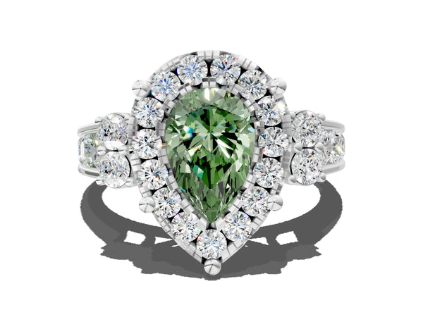 Platinum Fancy Green Pear  Halo Diamond Engagement Ring with Split Shank and Four-Prong Setting