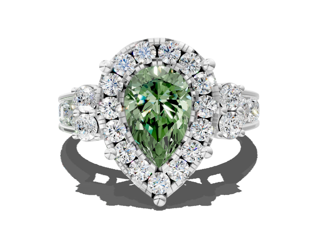 White gold Fancy Green Pear  Halo Diamond Engagement Ring with Split Shank and Four-Prong Setting_72