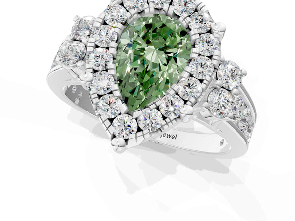 Platinum Fancy Green Pear  Halo Diamond Engagement Ring with Split Shank and Four-Prong Setting