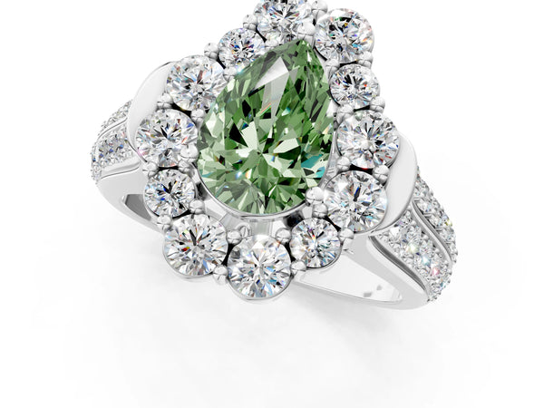 White gold Fancy Green Pear  Halo Diamond Engagement Ring with Split Shank and Prong Setting