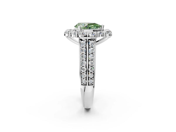 White gold Fancy Green Pear  Halo Diamond Engagement Ring with Split Shank and Prong Setting