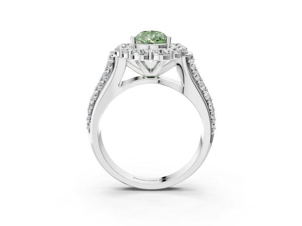 White gold Fancy Green Pear  Halo Diamond Engagement Ring with Split Shank and Prong Setting