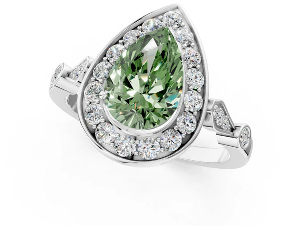 White gold Fancy Green Pear  Halo Diamond Engagement Ring with Twisted Band and Four-Prong Setting
