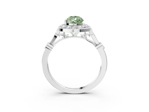White gold Fancy Green Pear  Halo Diamond Engagement Ring with Twisted Band and Four-Prong Setting