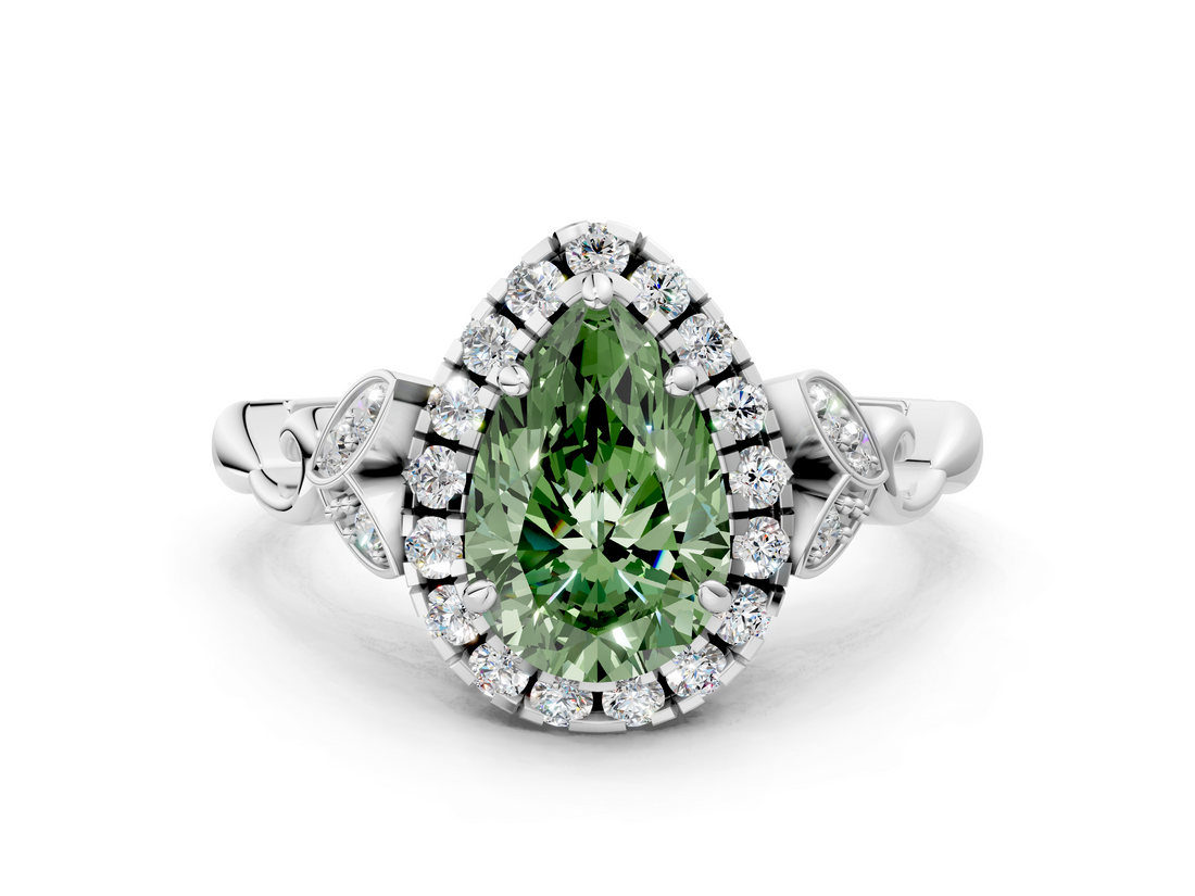 White gold Fancy Green Pear  Halo Diamond Engagement Ring with Vintage-Inspired Band and Four-Prong Setting_3