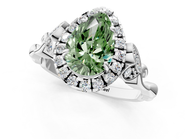 White gold Fancy Green Pear  Halo Diamond Engagement Ring with Vintage-Inspired Band and Four-Prong Setting