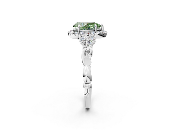 White gold Fancy Green Pear  Halo Diamond Engagement Ring with Vintage-Inspired Band and Four-Prong Setting
