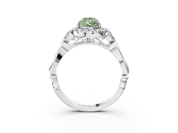 White gold Fancy Green Pear  Halo Diamond Engagement Ring with Vintage-Inspired Band and Four-Prong Setting