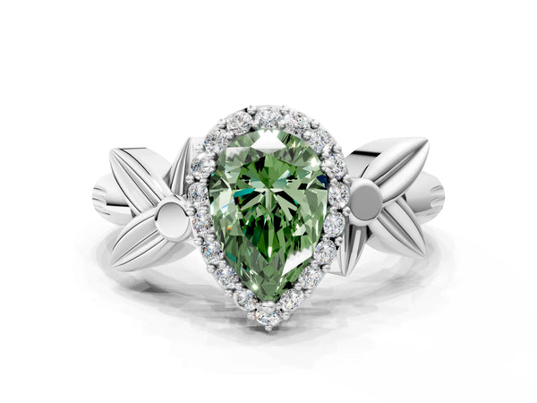 Platinum Fancy Green Pear  Halo Diamond Floral Band with Four-Prong Setting