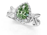 White gold Fancy Green Pear  Halo Diamond Floral Band with Four-Prong Setting_56