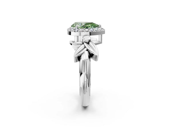 Platinum Fancy Green Pear  Halo Diamond Floral Band with Four-Prong Setting