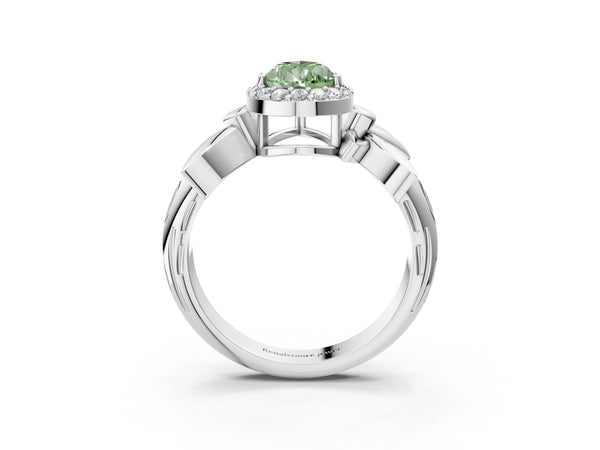 Platinum Fancy Green Pear  Halo Diamond Floral Band with Four-Prong Setting