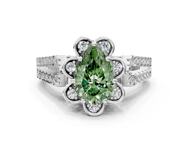 White gold Fancy Green Pear  Halo Diamond Floral Split Shank Engagement Ring
