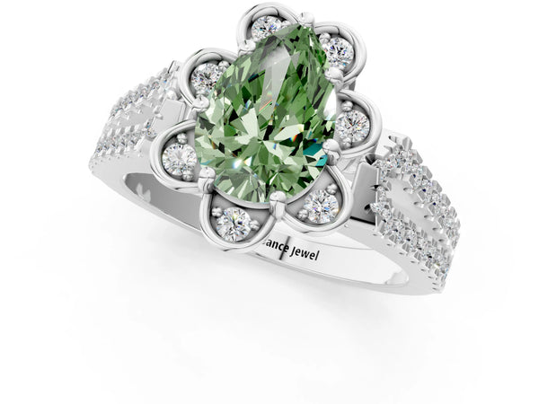 White gold Fancy Green Pear  Halo Diamond Floral Split Shank Engagement Ring