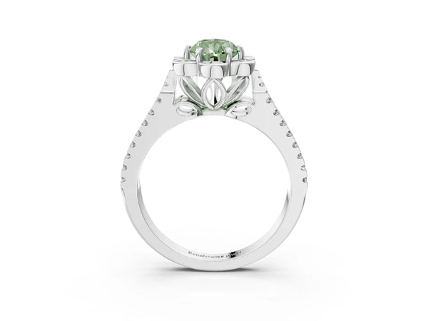 White gold Fancy Green Pear  Halo Diamond Floral Split Shank Engagement Ring