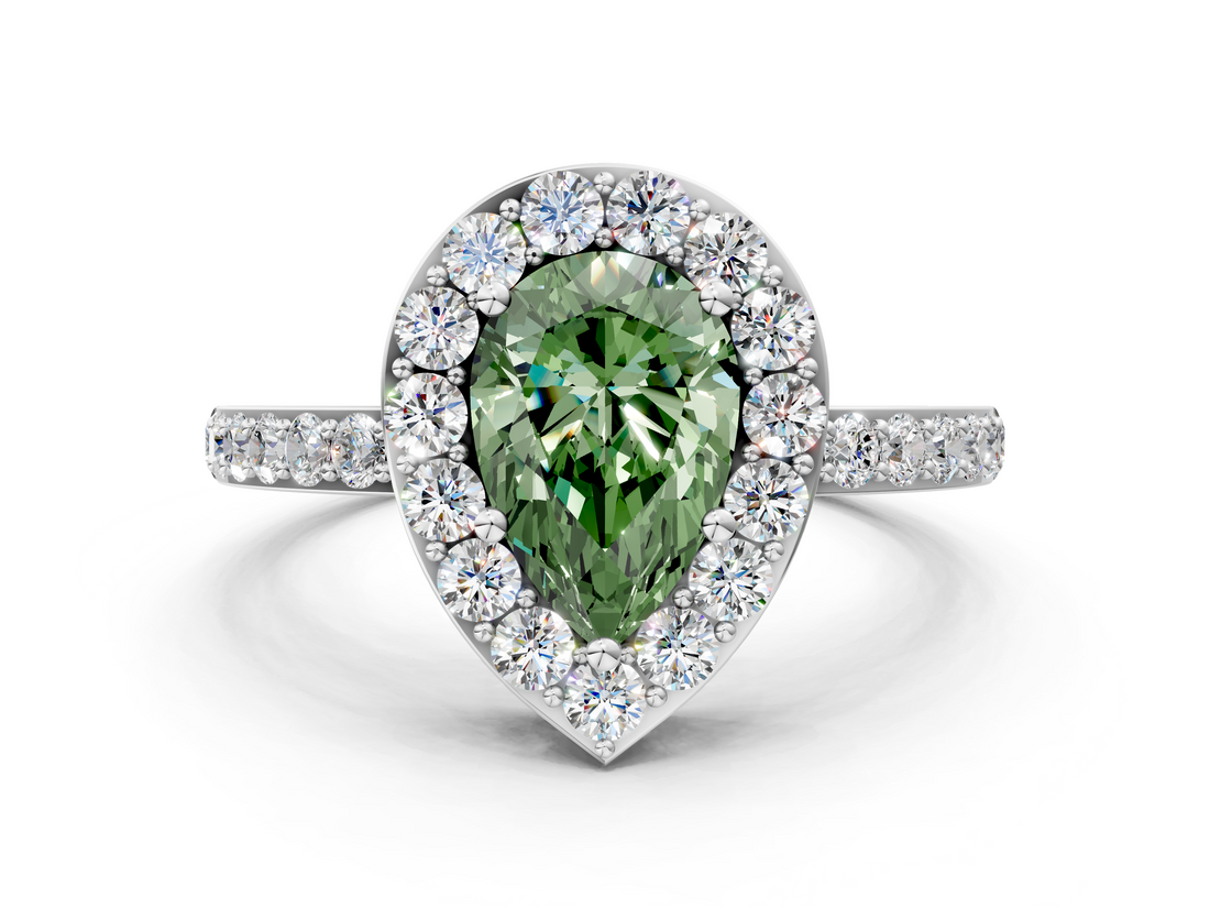 White gold Fancy Green Pear  Halo Diamond Pavé Band Ring with Prong Setting_20