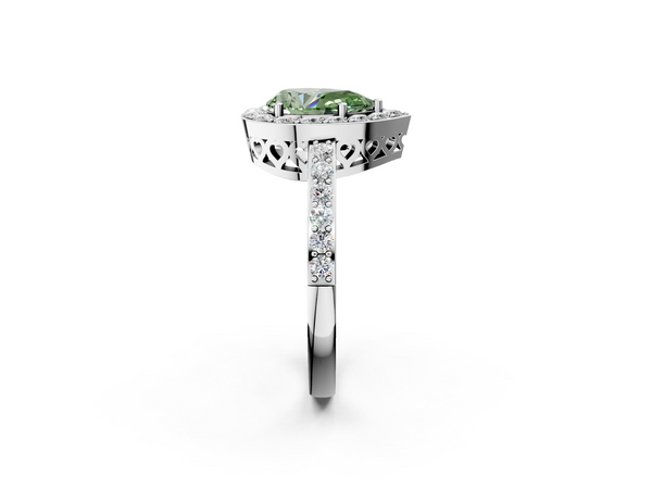 White gold Fancy Green Pear  Halo Diamond Pavé Band Ring with Prong Setting