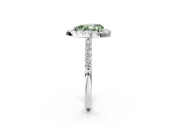 Platinum Fancy Green Pear  Halo Diamond Pavé Solitaire Ring