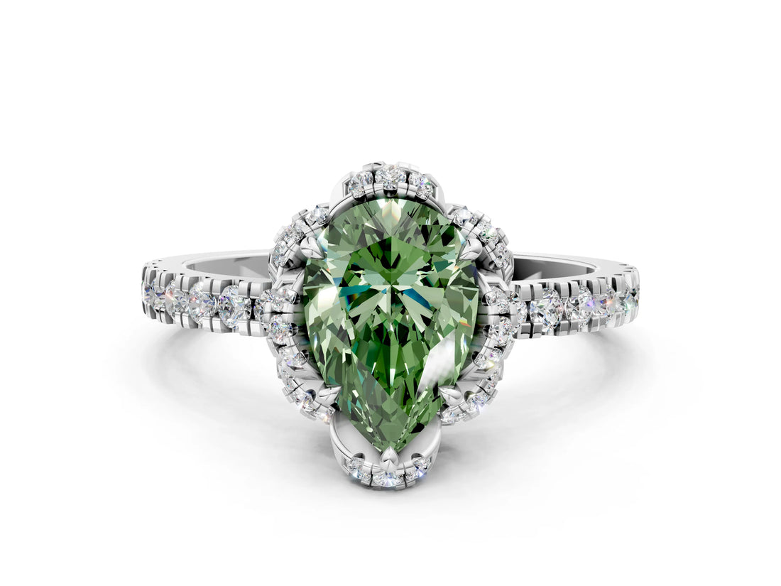 White gold Fancy Green Pear  Halo Diamond Pave Band Ring with Four-Prong Setting_15