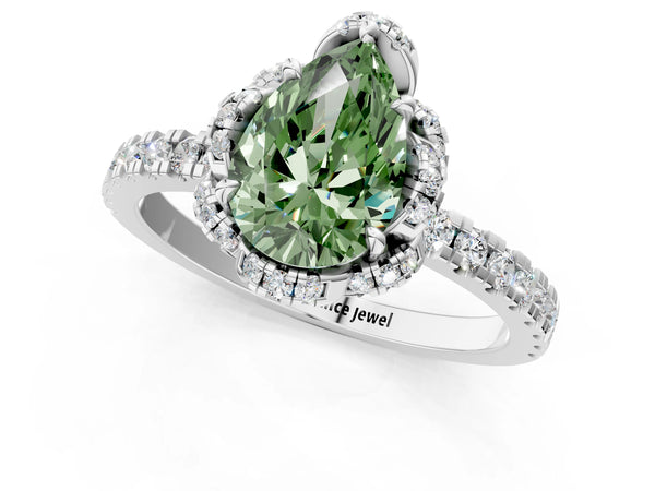 White gold Fancy Green Pear  Halo Diamond Pave Band Ring with Four-Prong Setting