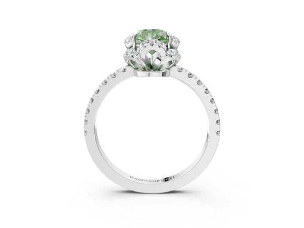 White gold Fancy Green Pear  Halo Diamond Pave Band Ring with Four-Prong Setting