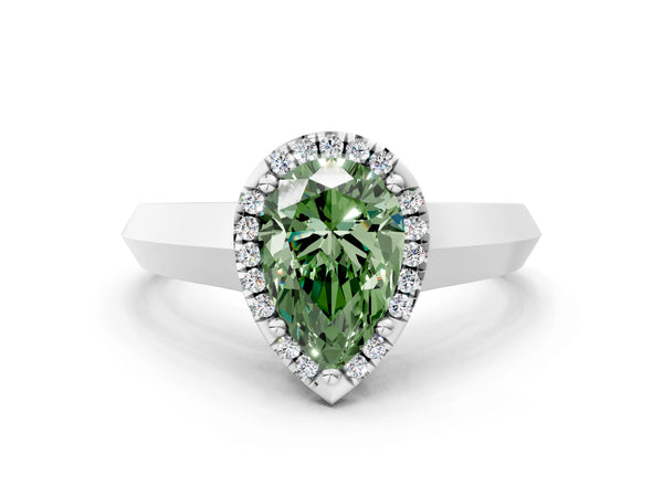 White gold Fancy Green Pear  Halo Diamond Ring with Cathedral Band and Four-Prong Setting