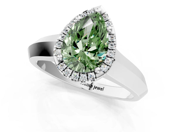 White gold Fancy Green Pear  Halo Diamond Ring with Cathedral Band and Four-Prong Setting