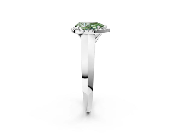 White gold Fancy Green Pear  Halo Diamond Ring with Cathedral Band and Four-Prong Setting
