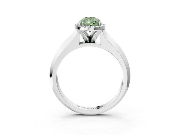 White gold Fancy Green Pear  Halo Diamond Ring with Cathedral Band and Four-Prong Setting