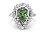 White gold Fancy Green Pear  Halo Diamond Ring with Milgrain Edge and Round Prong Setting_38