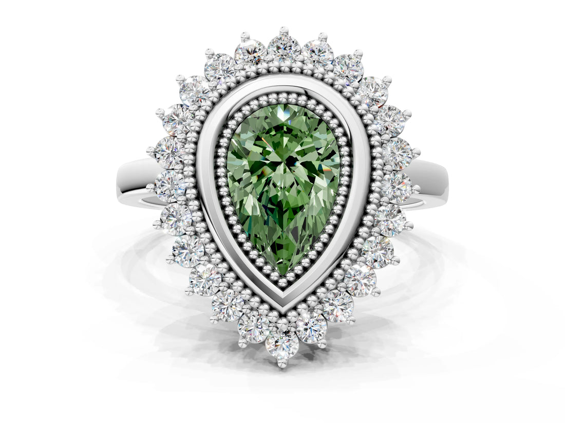 White gold Fancy Green Pear  Halo Diamond Ring with Milgrain Edge and Round Prong Setting_38