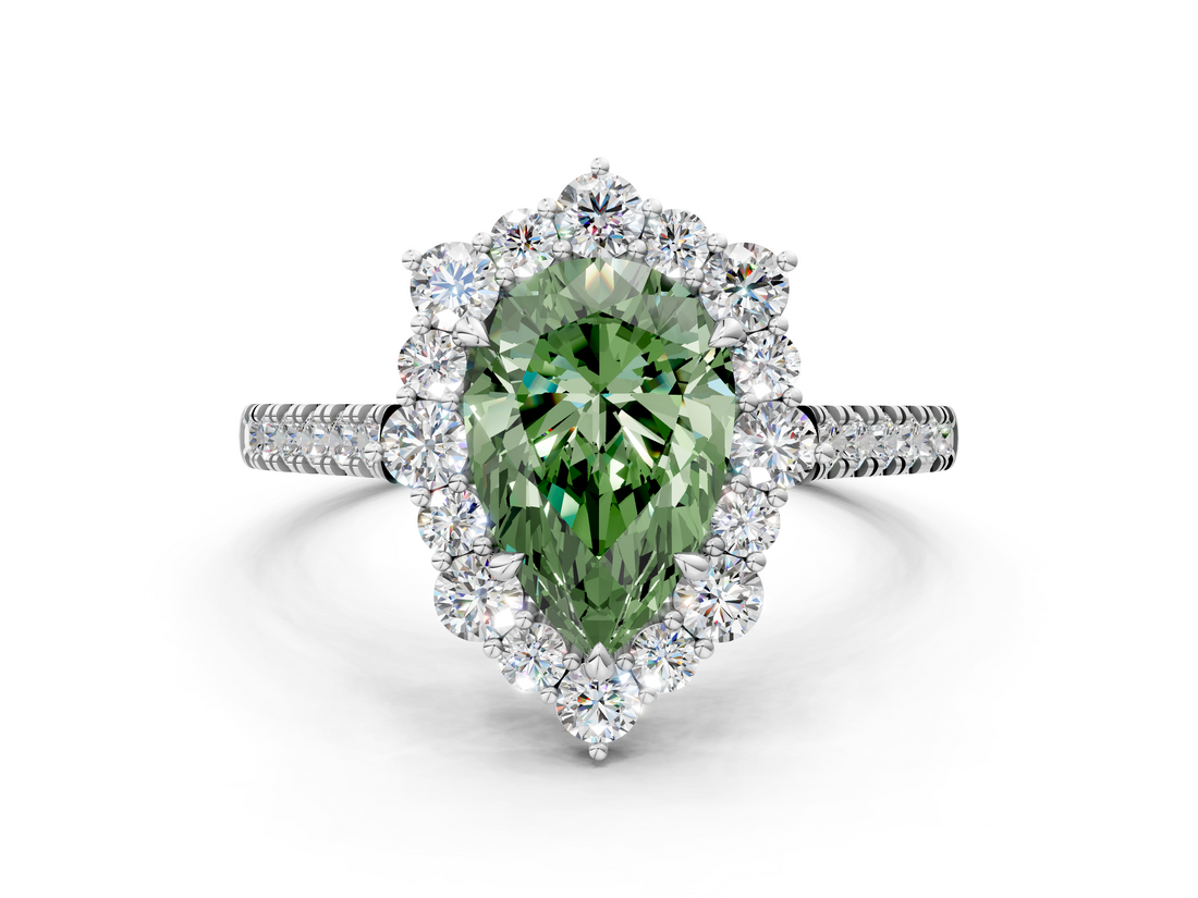 White gold Fancy Green Pear  Halo Diamond Ring with Pavé Band and Prong Setting_21