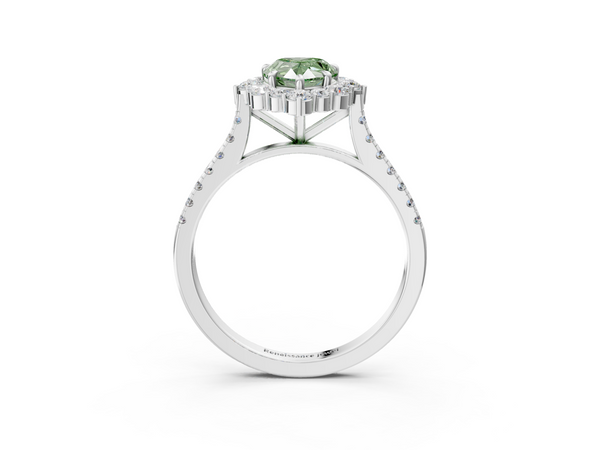 Platinum Fancy Green Pear  Halo Diamond Ring with Pavé Band and Prong Setting