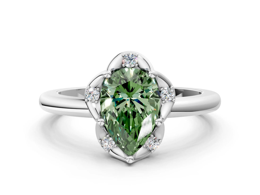 White gold Fancy Green Pear  Halo Diamond Ring with Round Cluster Setting, Solitaire Band, and Four-Prong Setting_110