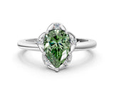 White gold Fancy Green Pear  Halo Diamond Ring with Round Cluster Setting, Solitaire Band, and Four-Prong Setting_110