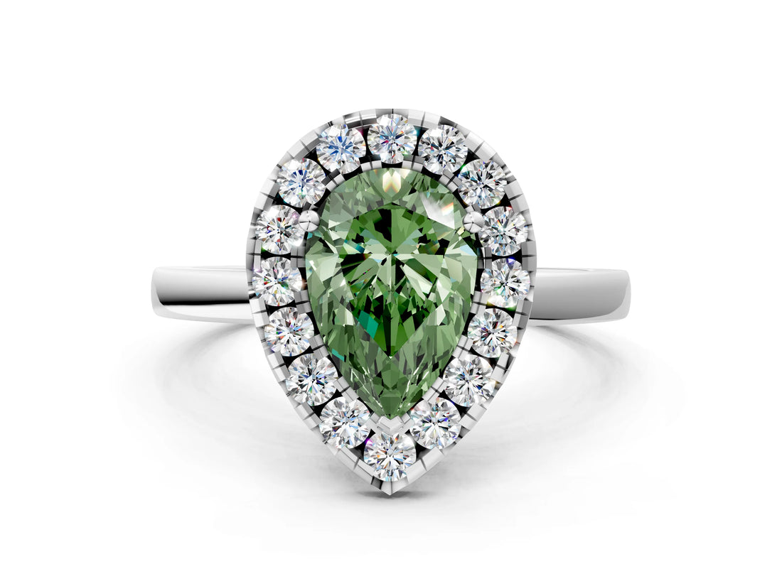 White gold Fancy Green Pear  Halo Diamond Solitaire with Pavé Band and Four-Prong Setting_103