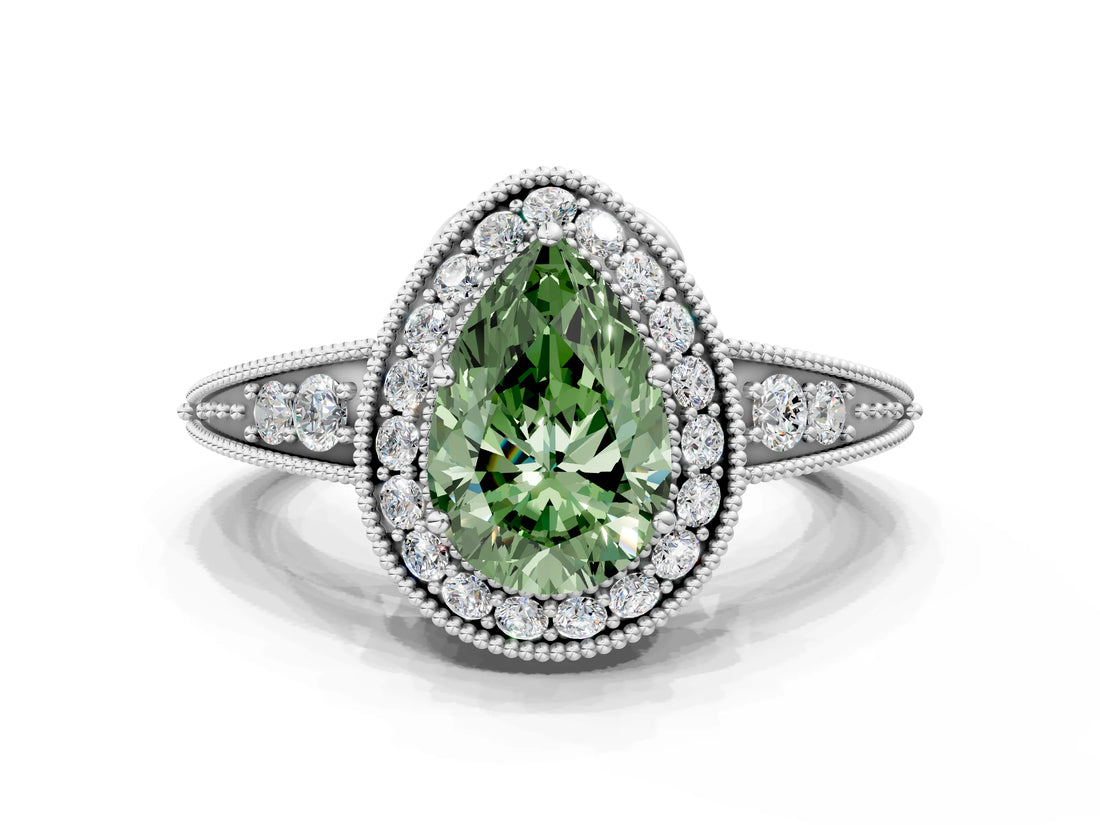 White gold Fancy Green Pear  Halo Diamond Split Shank Ring with Milgrain Detail_48