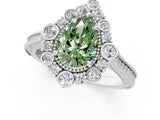 White gold Fancy Green Pear  Halo Milgrain Pave Diamond Ring with Four-Prong Setting 2
