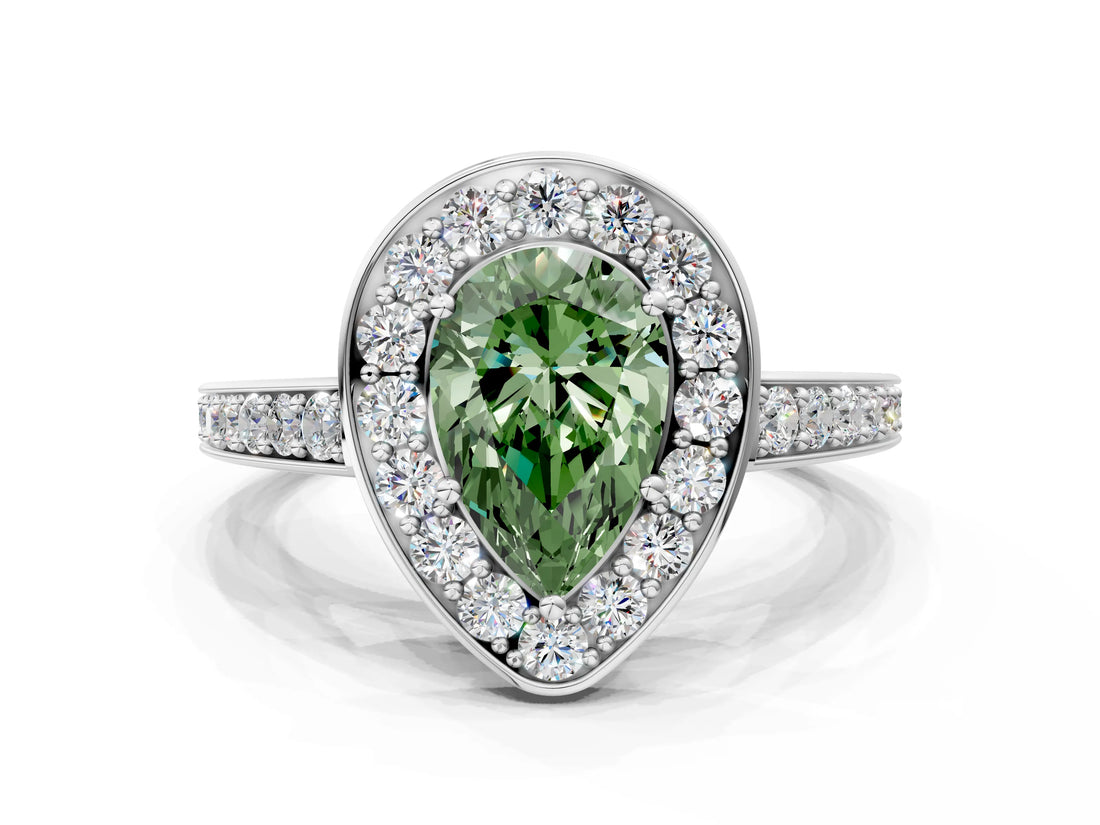 White gold Fancy Green Pear  Halo Pavé Diamond Engagement Ring with Bezel Setting_49