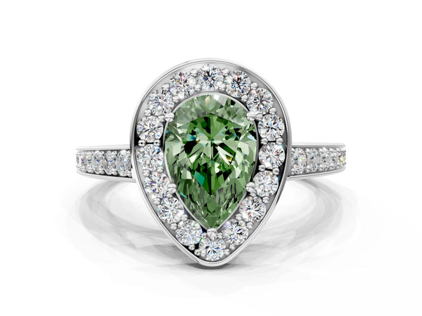 White gold Fancy Green Pear  Halo Pavé Diamond Engagement Ring with Bezel Setting