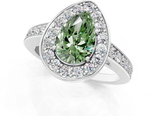 White gold Fancy Green Pear  Halo Pavé Diamond Engagement Ring with Bezel Setting